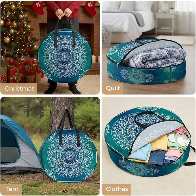 Storage Bag Teal Blue Boho Round Storage Totes Bins Closet Organizers with Zippers & Handle Gorgeous Bohemian Flower Clothes Storage Container for Bedroom Dorm Space Saving Packing Supplies Bags