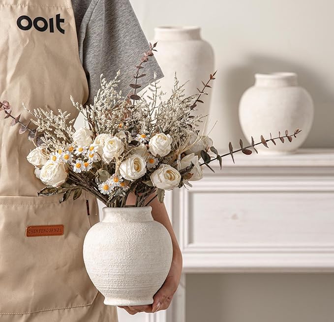 Ceramic Flower Vase, 6 Inch Small Rustic Farmhouse Vase Decorative Vases Home Decor Short Pottery Vases for Table Living Room Entryway Mantel Bookshelf Bedroom Bathroom Kitchen - Rustic