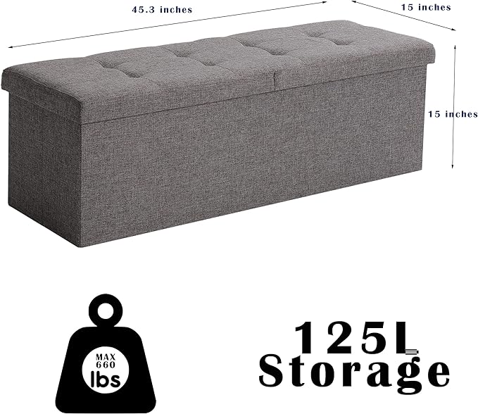 CUYOCA Shoe Storage Ottoman Foldable Seat Footrest Tufted Bench End of Bed Storage with Flipping Lid, 166L Storage Upholstered , Linen Fabric Beige, 45.3 Inches