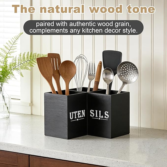 Extra Large Kitchen Utensil Holder for Countertop, Three Compartment Wooden Utensil Holder Farmhouse Decor Perfect for Storing Spatulas and Cooking Tools