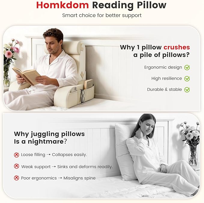 Homkdom Reading Pillow for Sitting in Bed Adult, 22" Back Pillow for Bed Sitting up with Armrests & Storage Pockets, Ergonomic Wedge Pillow for Watching TV, Gaming, Working, Recovery, 5PCS, Beige