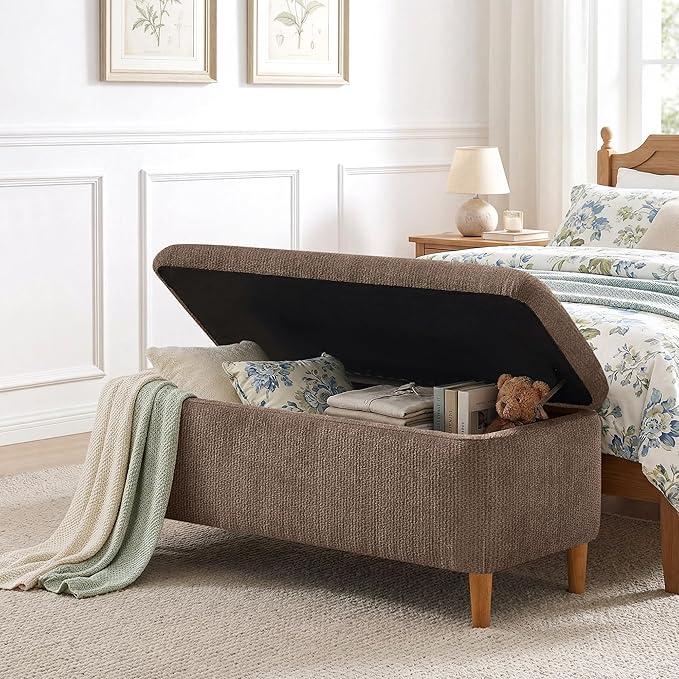 39.4”Ottoman with Storage,Upholstered Comfy Storage Bench Ottoman with Wooden Legs,End of Bed Bench Footstool for Hallway Entryway Bedroom Living Room Brown