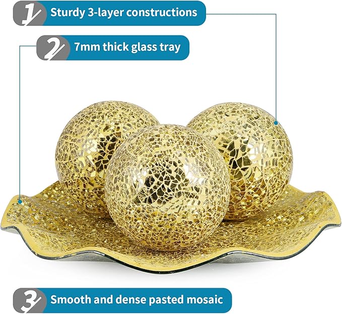 MDLUU Centerpiece Bowl and Balls Set, Mosaic Tray with 3 Pieces Spheres, 12" Decorative Plate with 4" Mosaic Orbs for Home Decor, Gift (Gold)