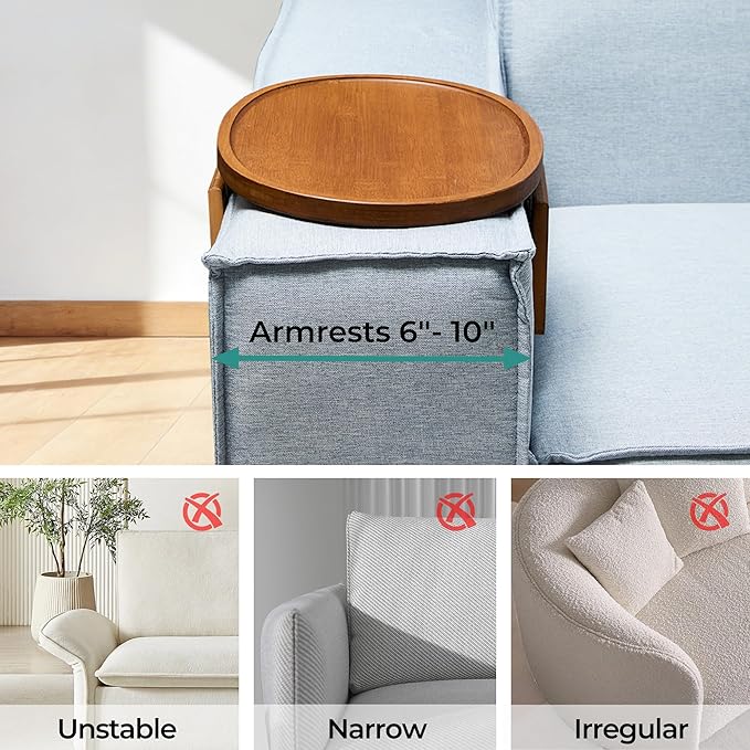 DETOR Clip-On Couch Armrest Table, 13.4" x 10" Oval Shape, Caramel Bamboo Finish, Stainless Steel Hinges, Odor-Free Non-Slip Pads, Fits 6"–10" Armrests