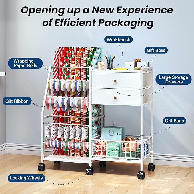 TC-HOMENY Wrapping Paper Organizer Storage Cart,Ribbon Organizer and Gift Wrap Rack with 2 Large Drawers, Blueprint Poster Holder, Craft Organizer, Christmas Paper Storage Containers with Wheels