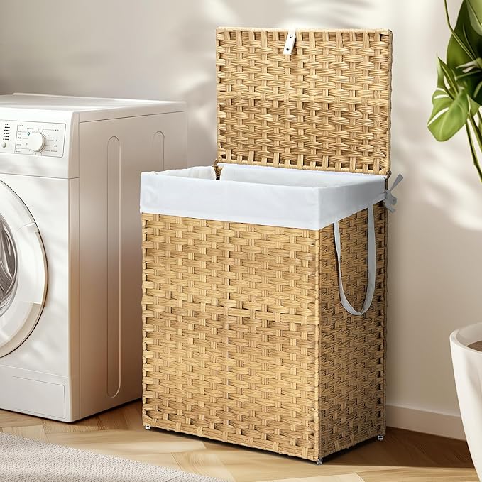 DUMOS Woven Laundry Basket with Lid, Large Capacity Hamper, Removable & Machine-Washable Liner, Foldable Rattan Clothes Hamper, Sturdy Steel Frame, Odor Control, Goose Yellow (24 Gallon)