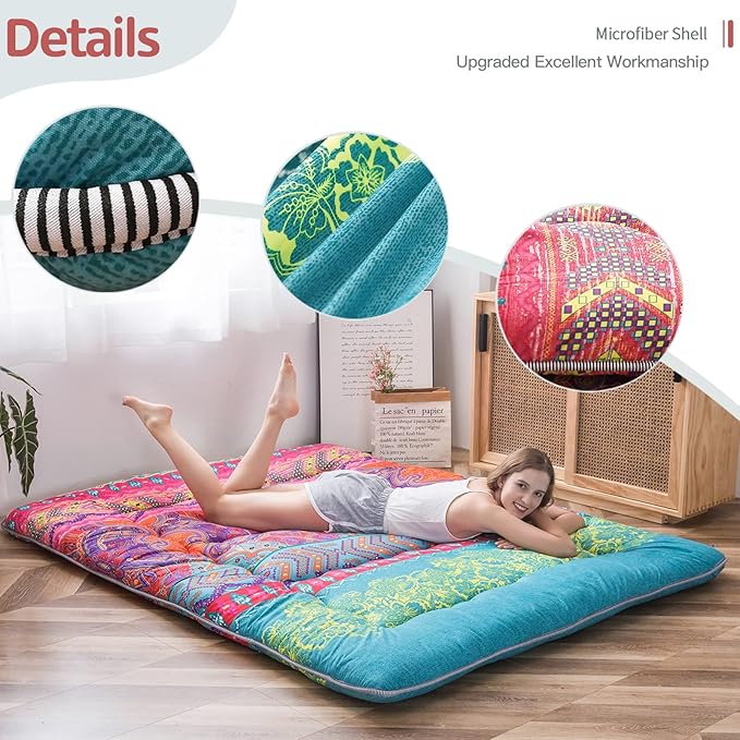 MAXYOYO Bohemian Retro Floor Mattress Vintage Floral Japanese Futon Mattress Roll Up Thicken Sleeping Mat Portable Camping Mattress Floor Lounger Couch Mattress Pad Twin Size