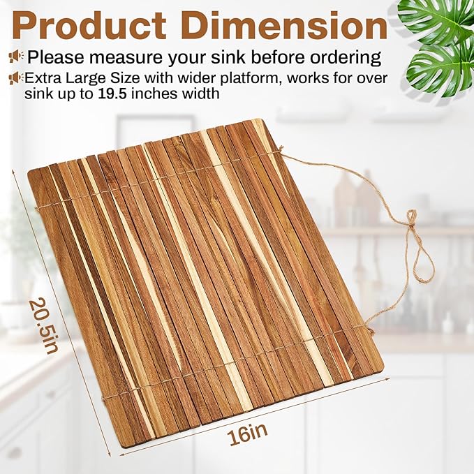 Maxdot Wooden Dish Drying Rack, 20.5 x 16 Inch Roll up Kitchen Over Sink Dish Drying Rack for Dishes, Plates, Bowls, Wooden Cover Counter Space, Crack Resistant Drainer, Kitchen Supplies