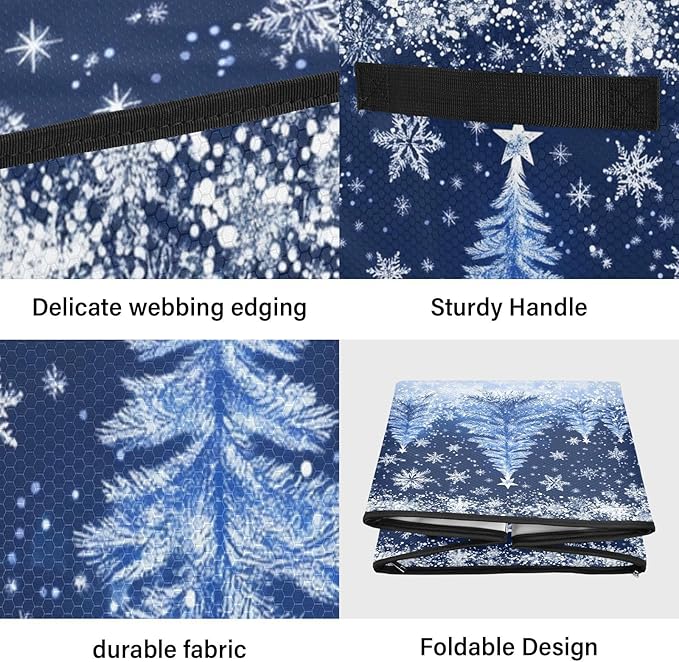 White Blue Snowflake Christmas Ornament Storage Basket Box Xmas Tree Winter Holiday Storage Container Cube with Adjustable Dividers for 64 Holiday Ornaments or Decorations Keeps Clean and Dry