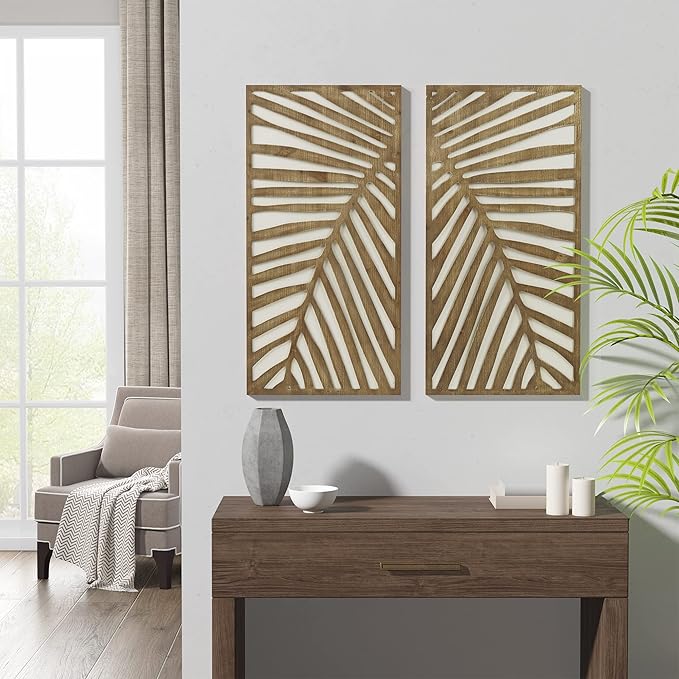 Madison Park Wall Décor for Living Room - Birch Palms Botanical Two-Tone, Home Accent Modern Kitchen Dining Decoration, Ready to Hang 2-Piece Wood Panel Set for Bedroom, 16"W x 32"H, Dark Palm
