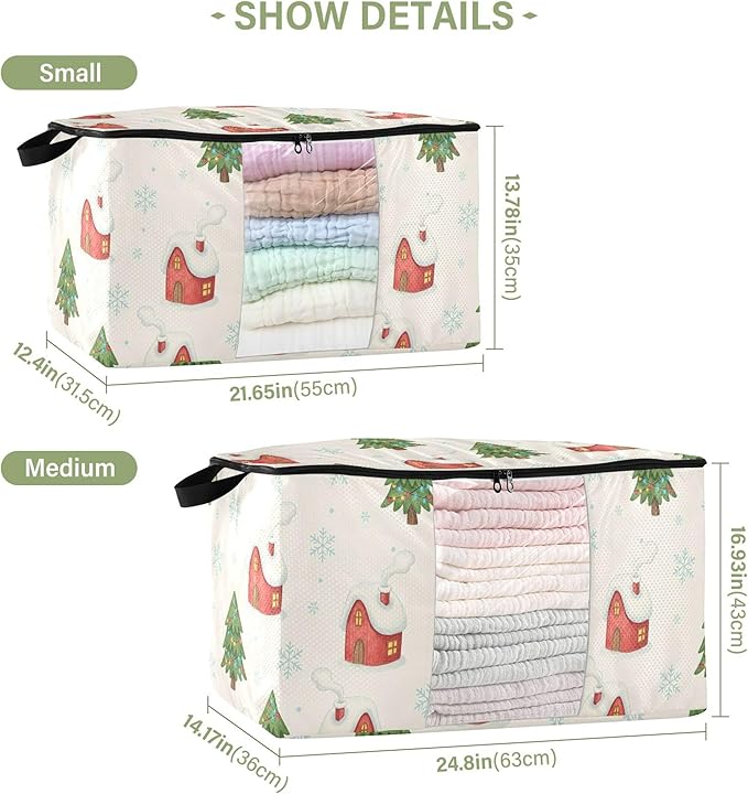 Burbuja 2 Pack Storage Bag Organizer with Handles for Clothes, Blankets, Bedding, Winter House Tree Foldable Storage Bag with Zipper & Clear Window, 95L