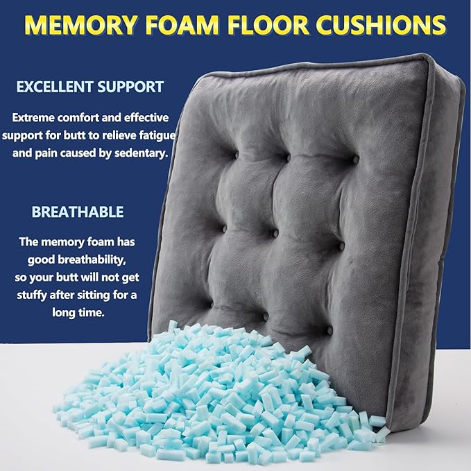 1 MIDDLE ONE Floor Pillow Set of 2, Memory Foam Meditation Cushion, Floor Cushions for Adults Sitting, Large Square Seat Cushions for Yoga, Living Room, 20x20 Inch (Grey)