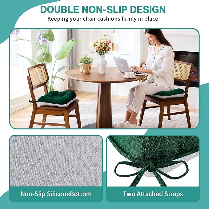 BETU Chair Cushions for Dining Chairs Set of 6,3.5" Thick Kitchen Table Chair Pads with Ties,Non Slip Backing and Covers, Seat Cushion for Dining Room,Bar,Patio Chairs,16"X16"X3.5",Dark Green