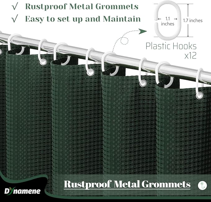 Dynamene Dark Green Fabric Shower Curtain - Waffle Weave Textured Heavy Duty Cloth Shower Curtains for Bathroom, 256GSM Hotel Luxury Weighted Bath Curtain Set with 12 Hooks,72x72, Dark Green