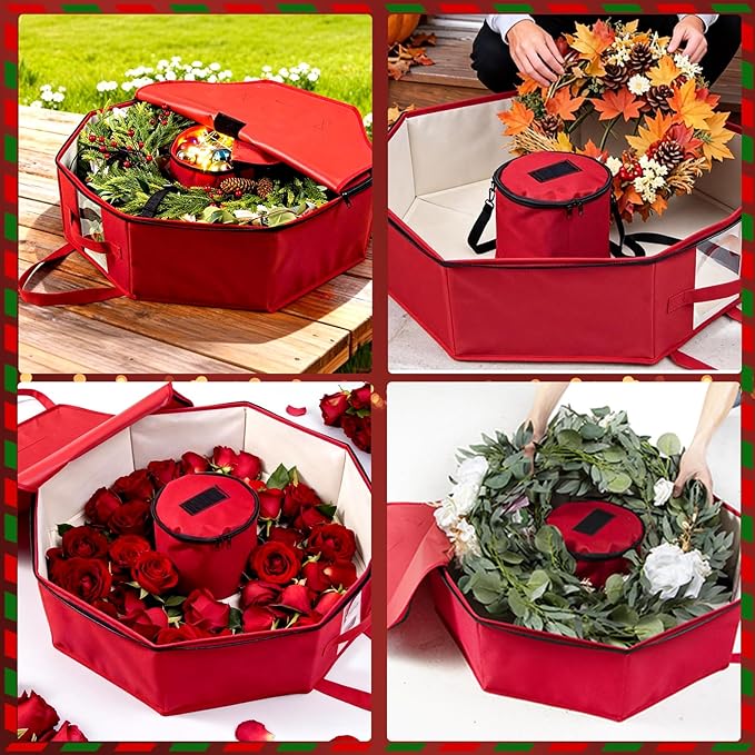 BrilliantJo 2 Pack Wreath Storage Hard shell Christmas Decorations Case Bag with Interior Pockets 600D Oxford Fabric 24 Inch Xmas Container Box for holiday Zipper and Handles Labeling Card Slot Red