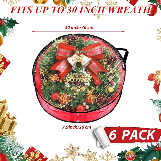 6 Pack Wreath Storage Container, 30" Christmas Wreath Storage Container, Plastic Decorative Wreath Storage Bag with Sturdy Handles for Holiday Seasonal Wreath, Red