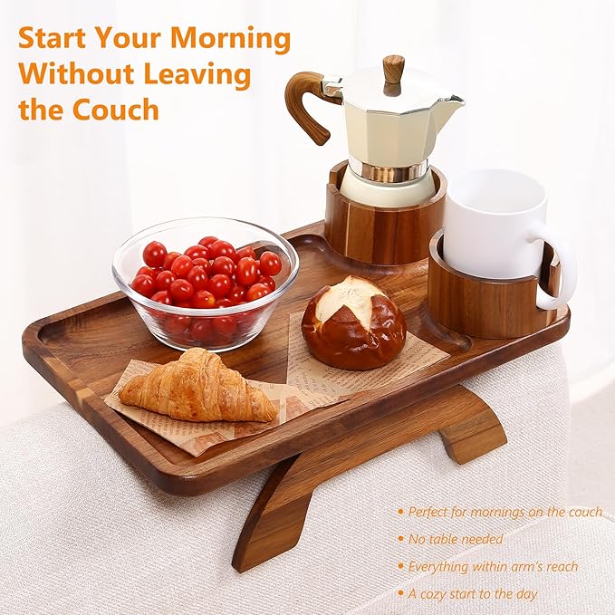 4-in-1 Acacia Couch Arm Table with Removable Cheese Board, Stability-Enhanced Sofa Armrest Tray with 360° Rotating Dual Cup Holders & Phone Stand, Side Table for Drinks & Snacks, 15.7"x9.8"