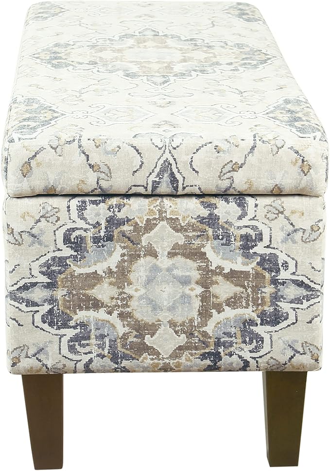HomePop Ottomon Upholstered Rectangular Storage Ottoman Bench with Hinged Lid, Brown and Cream Large