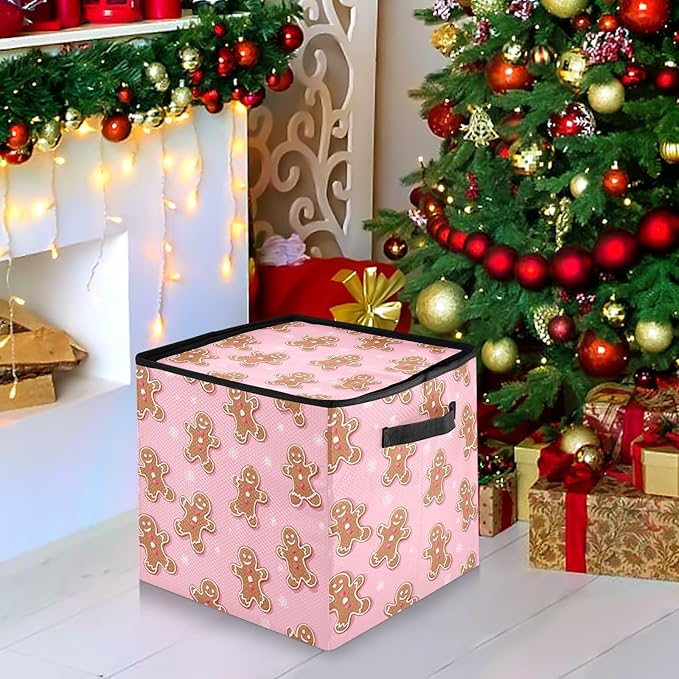 Pink Gingerbread Man Christmas Ornament Storage Basket Box Winter Xmas Holiday Storage Container Cube with Adjustable Dividers for 64 Holiday Ornaments or Decorations Keeps Clean and Dry