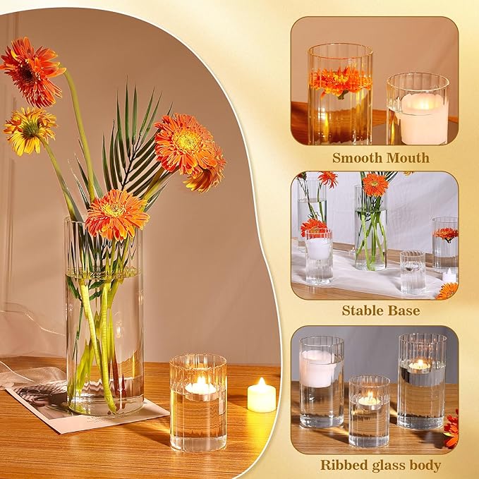 36 Pack Ribbed Glass Cylinder Vases 4,6,10 Inch Tall Clear Flower Vase Hurricane Floating Candle Holder for Table Centerpiece Wedding Home Decor