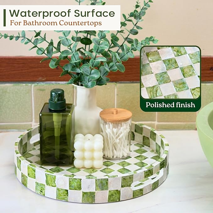 CHI AN HOME 12.6" Capiz Decorative Tray with Handles, Checkered Round Serving Tray for Coffee Table, Kitchen Counter, or Bathroom (Pistachio Green)