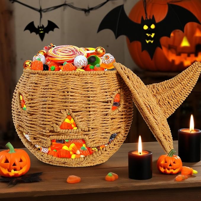 Halloween Candy Basket Handwoven Pumpkin Decors User Friendly Iron Frame Sturdy Storage for Homes Party School