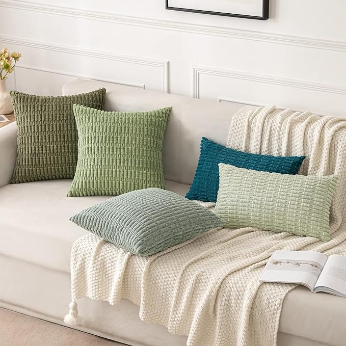 MIULEE Pack of 2 Spring Corduroy Decorative Throw Pillow Covers 20x20 Inch Soft Boho Striped Pillow Covers Modern Farmhouse Home Decor for Summer Sofa Living Room Couch Bed Sage Green