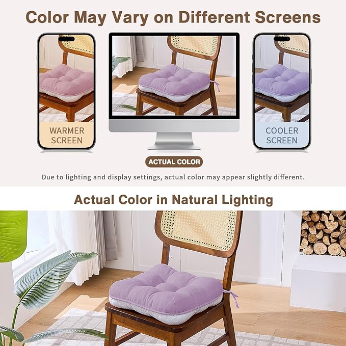BETU Chair Cushions for Dining Chairs Set of 6,3.5" Thick Kitchen Table Chair Pads with Ties,Non Slip Backing and Covers, Seat Cushion for Dining Room,Bar,Patio Chairs,16"X16"X3.5",Purple