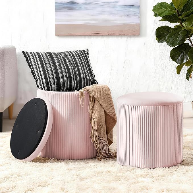 Set of 2 Round Storage Ottomans, Velvet Footstool Pouf with Lid - Multi-Use Vanity Stool for Bedroom or Coffee Table/Footrest for Living Room（Pink）
