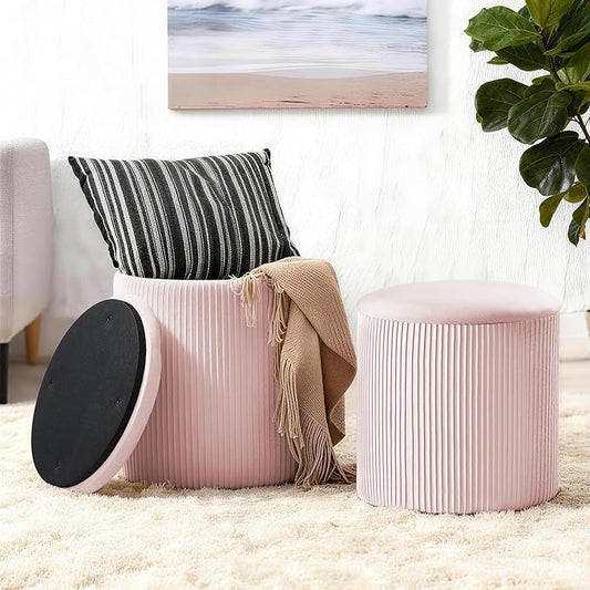 Set of 2 Round Storage Ottomans, Velvet Footstool Pouf with Lid - Multi-Use Vanity Stool for Bedroom or Coffee Table/Footrest for Living Room（Pink）