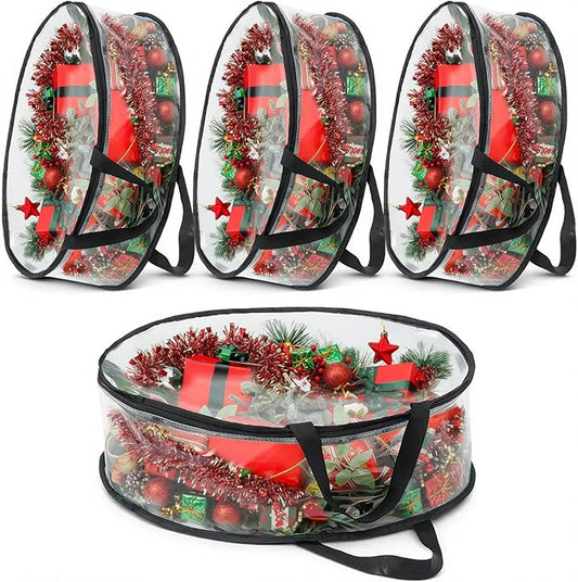 4 PCS Wreath Storage Bag Christmas Wreath Storage Container Waterproof Holiday Garland Clear PVC Container with Handle Heavy Duty for Xmas Holiday Seasonal Garland Black