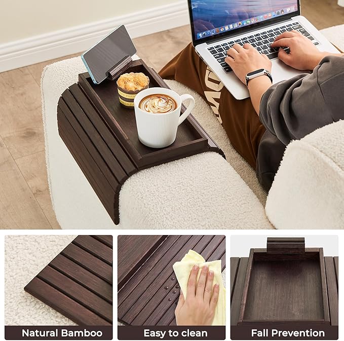 LOVYANXUE Bamboo Sofa Arm Tray, Anti Falling Couch Arm Tray Armrest Table with 360° Rotating Phone Holder, Foldable and Portable Sofa Armrest Trays Cup Holder for Drink,Cups, Phone, Snacks, Remote