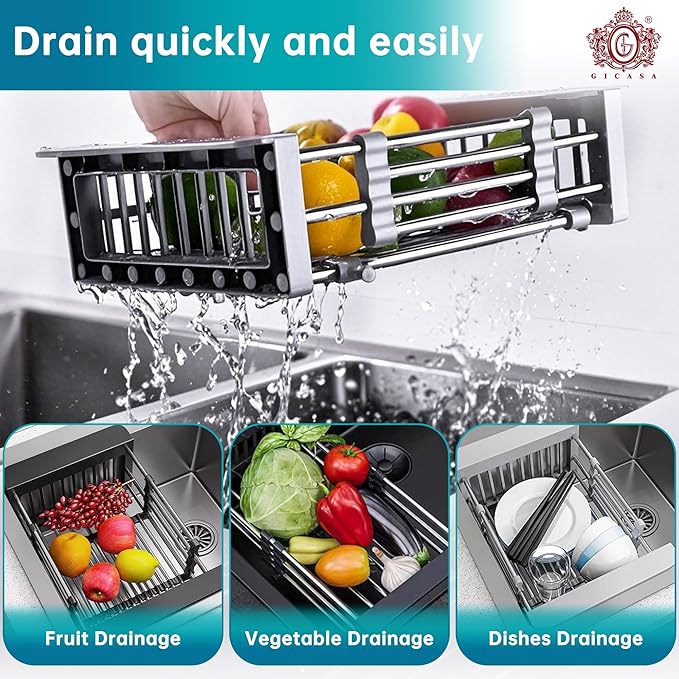 Kitchen Multi-Function Retractable Sink Dish Drying Rack, Stainless Steel Drainer for 10.7"-17" Sinks, Kitchen Countertop Organizer for Dishes, Vegetables, and Fruits (Black & Small)