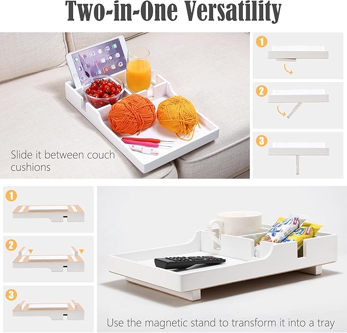 Nnewvante Sofa Tray Between Cushion, 2-in-1 Insert & Flat Sofa Organizer Bamboo with 2 Cup Holders,Fits Middle Couch or Ottomans,for Snacks, Drinks, Remotes,15.35x9.84-inch,White