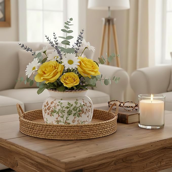 SIDUCAL Ceramic Green and Beige Vase with Wide Mouth Lace, 4.84 Inch Cracked Chinoiserie Rustic Farmhouse Vases, Pastoral Retro Vase for Home Decor, Table, Living Room, Bathroom, Shelf, Wedding