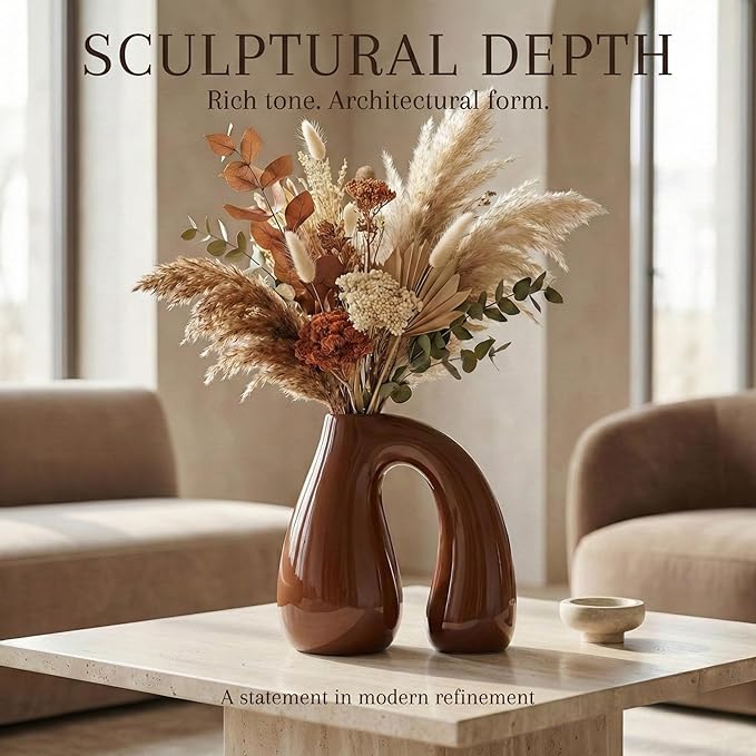 PROBENEX Brown Ceramic Decorative Pitcher Vase, 7.5 in – Glossy Sculptural Arch-Handle, Warm Earth-Tone Home Décor for Fresh or Dried Floral Arrangements, Table/Shelf/Entryway, Giftable
