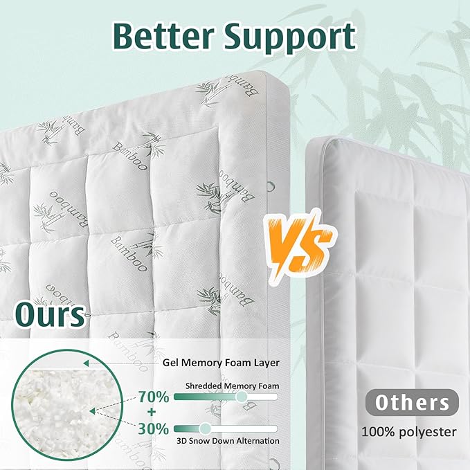 DOWNCOOL Memory Foam Mattress Topper Full, Cooling Pillow Top Mattress Pad with Viscose Derived from Bamboo, Back Pain Relief, Deep Pocket Fits 8–21 Inch