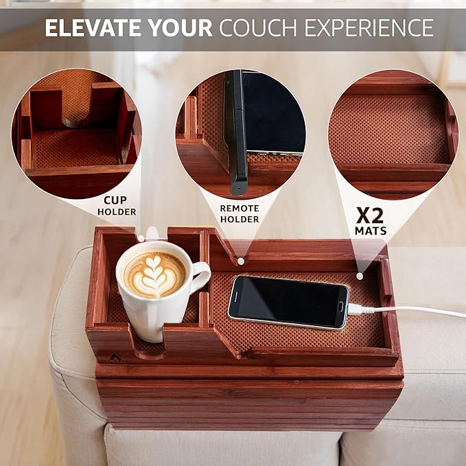 Brown Bamboo Couch Arm Tray with Non-Slip Mats, Slide-Away Upper Tray, Adjustable Fit for Various Sofa Armrests – Ideal for Snacks, Drinks, Remotes and Electronics (Brown)