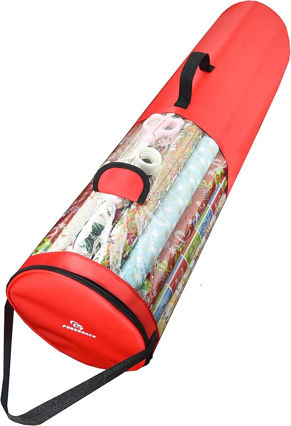 Freegrace Gift Warp Organizer | Large 9" x 40.9" Wrapping Paper Rolls Storage Bag | Tearproof & Space Saving Under Bed Gift Bag Organization (Red)
