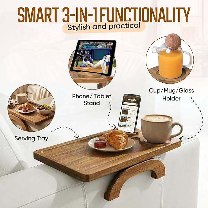 Acacia Wood Sofa Arm Tray - 3-in-1 Couch Arm Table with Phone Holder, Cup Placer & Foldable Tray - Armrest Clip-On Design for Couch with 360° Rotated Phone Holder