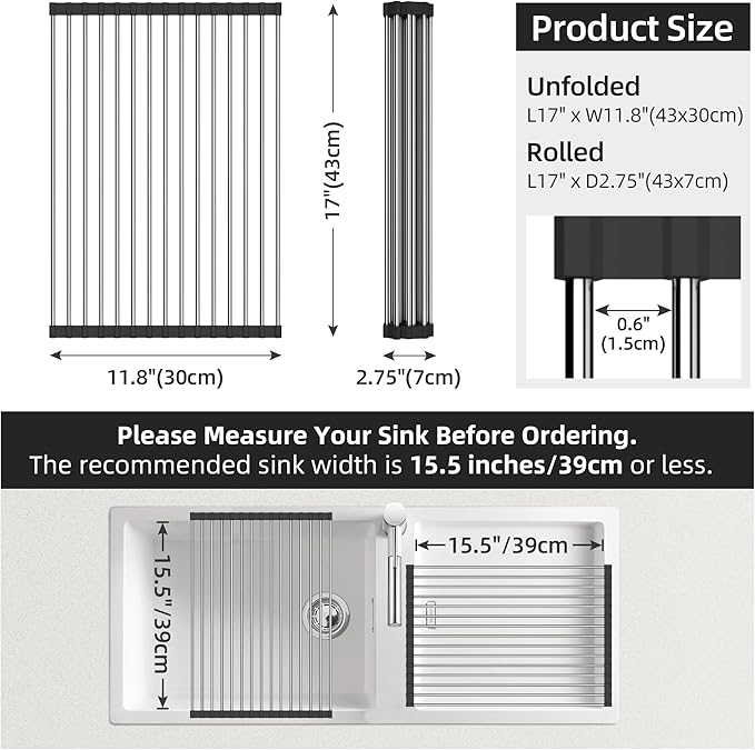 Roll Up Dish Drying Rack, Over Sink Dish Drying Rack, 17" L x 11.8" W, Black