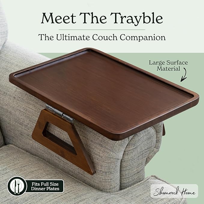 Shamrock Home Bamboo Trayble Couch Arm Table, Clip On Tray Sofa Table for Couches. Sofa Arm Tray for TV Dinners, Remotes, Drinks, Snacks and Small Spaces - 15.75 x 11inch, Brown