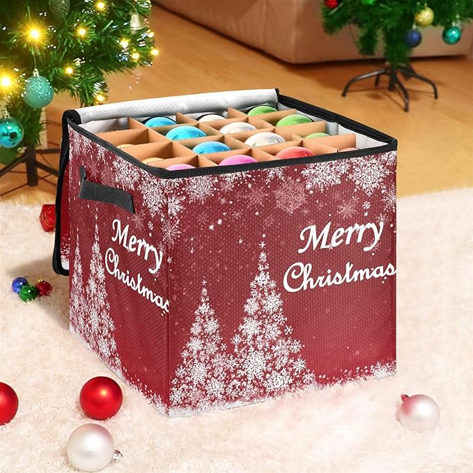 Christmas Tree Ornament Storage Basket Box Red Snowflake Winter Xmas Holiday Storage Container Cube with Adjustable Dividers for 64 Holiday Ornaments or Decorations Keeps Clean and Dry for Next Season