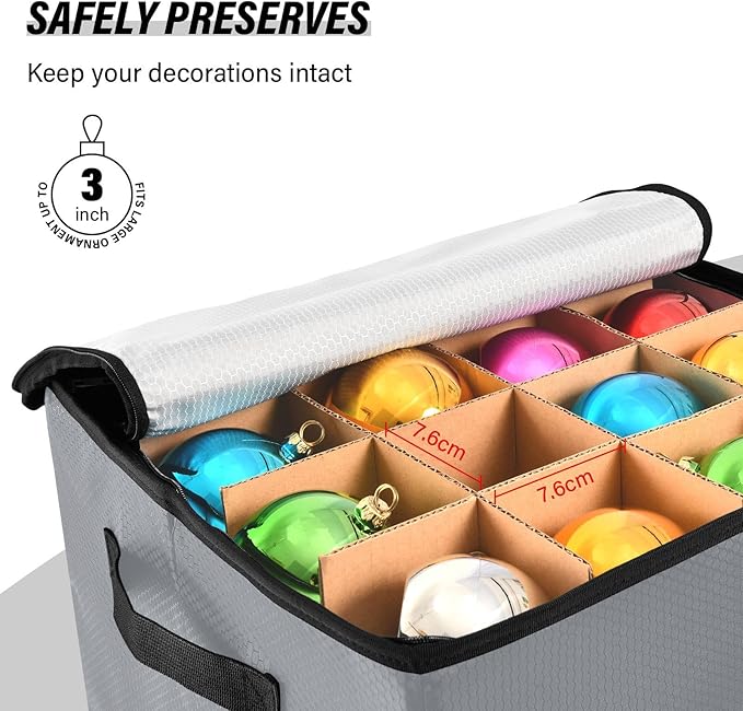 Light Gray Christmas Ornament Storage Basket Box Holiday Storage Container Cube with Adjustable Dividers for 64 Holiday Ornaments or Decorations Keeps Clean and Dry for Next Season