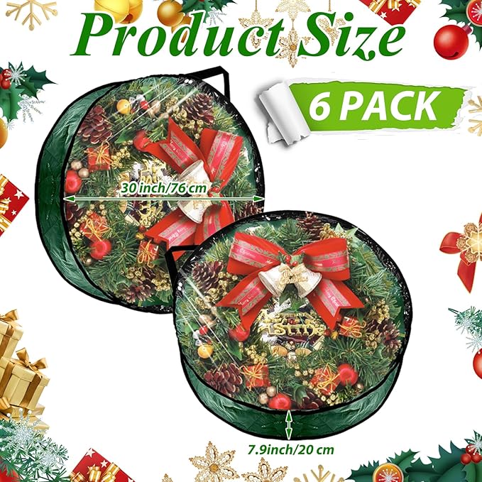 YAYODS 6 Pack Wreath Storage Container Bag 30 Inch Christmas Wreath Storage Bag Heavy Duty Christmas Wreath Boxes with Clear Window for Xmas Holiday Seasonal Wreath Garland(Green)