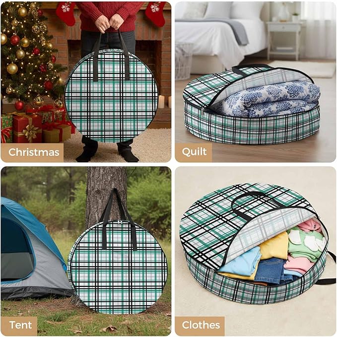 Storage Bag Green Buffalo Plaid Round Storage Totes Bins Closet Organizers with Zippers & Handle Black Check Stripe Clothes Storage Container for Bedroom Dorm Space Saving Packing Supplies Moving Bags