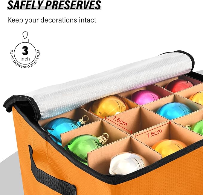 YETTASBIN Orange Solid Color Large Christmas Ornament Storage Box with Zipper & Adjustable Dividers, Storage Container with Lid & Handles for 64 Holiday Ornaments 3-Inch, 13 x 13 Inch