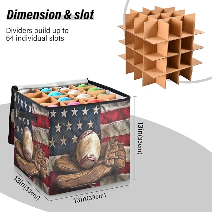 Kigai American Baseball Christmas Ornament Storage Box with Zipper & Adjustable Dividers Holiday Ornament Organizer Xmas Storage Container, 64 Balls