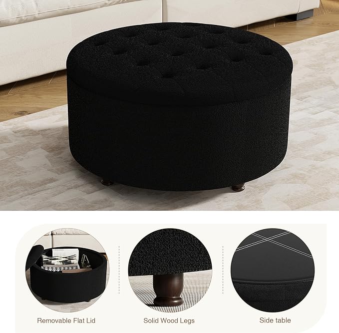 30 Inch Round Storage Ottoman,Modern Tufted Ottomans,Circular Coffee Table with Removable Top,Upholstered Large Ottoman with Storage Footrest Stool for Bedroom Living Room (Teddy Black)