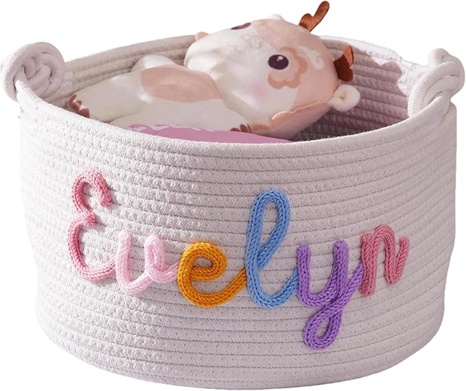 FKOG Baby Show Gift Basket, Personalized Cotton Rope Storage Basket, Baby Nursery Organizer with Custom Name, Newborn Baby Baptism Gift (Mix Color Basket)